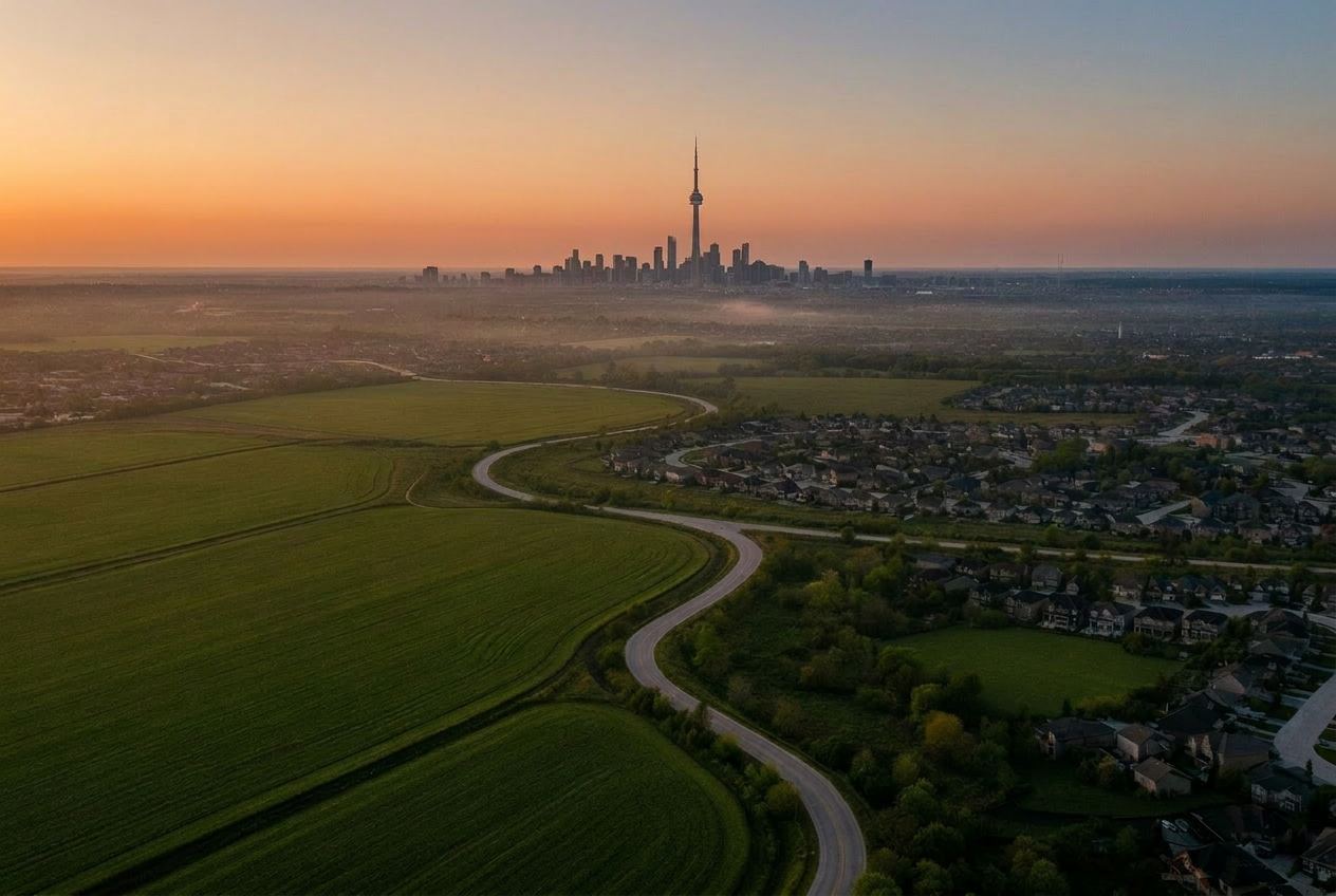 Aerial view of Southern Ontario land at dusk